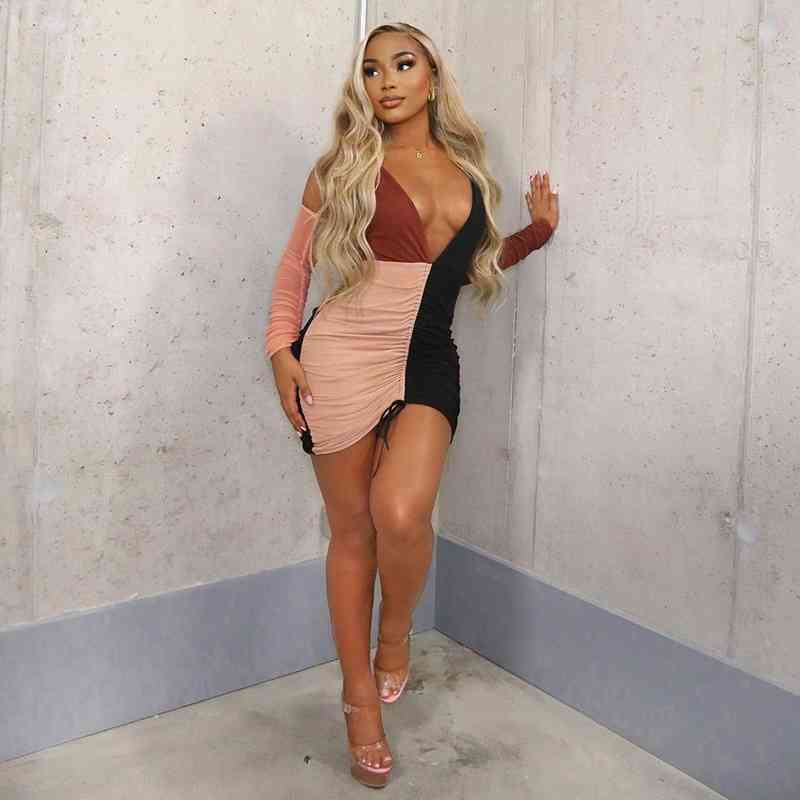 

European and American style patchwork tie neck dress spring fashion sexy temperament skirt mini dress 210602, Black