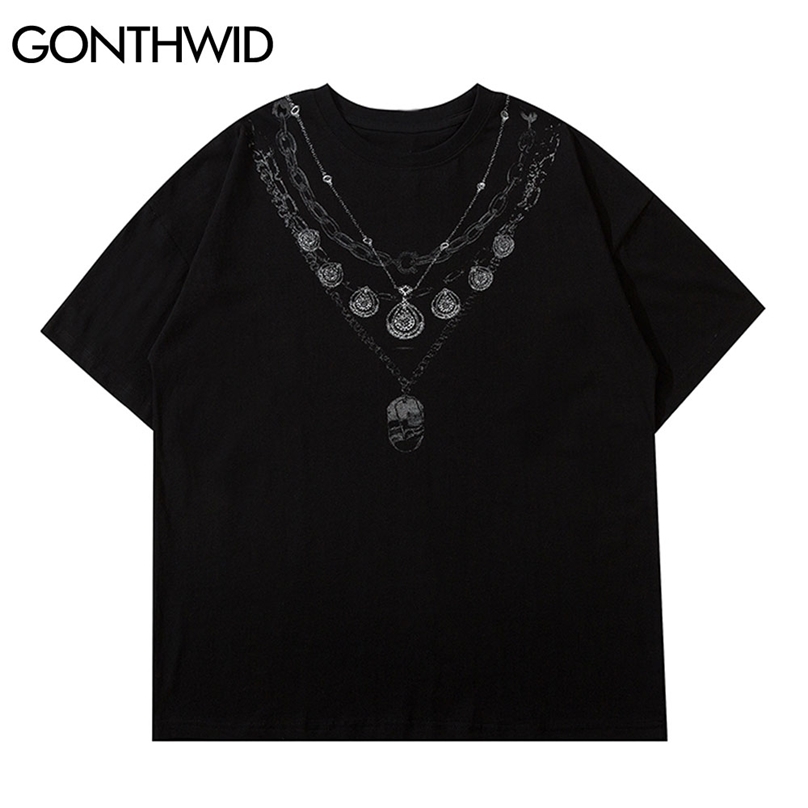 

T-Shirt Hip Hop Necklace Print Tee Shirts Streetwear Casual Fashion Harajuku Loose Summer Mens Tshirts Tops 210602, White