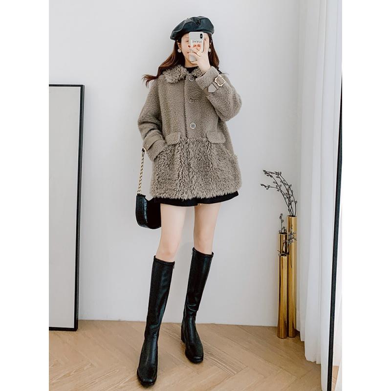 

Women' Fur & Faux Ptslan 2021 Real Wool Coat Classic Winter Fashion Good Quality Short Natural Sheep CoatP7707, Beige