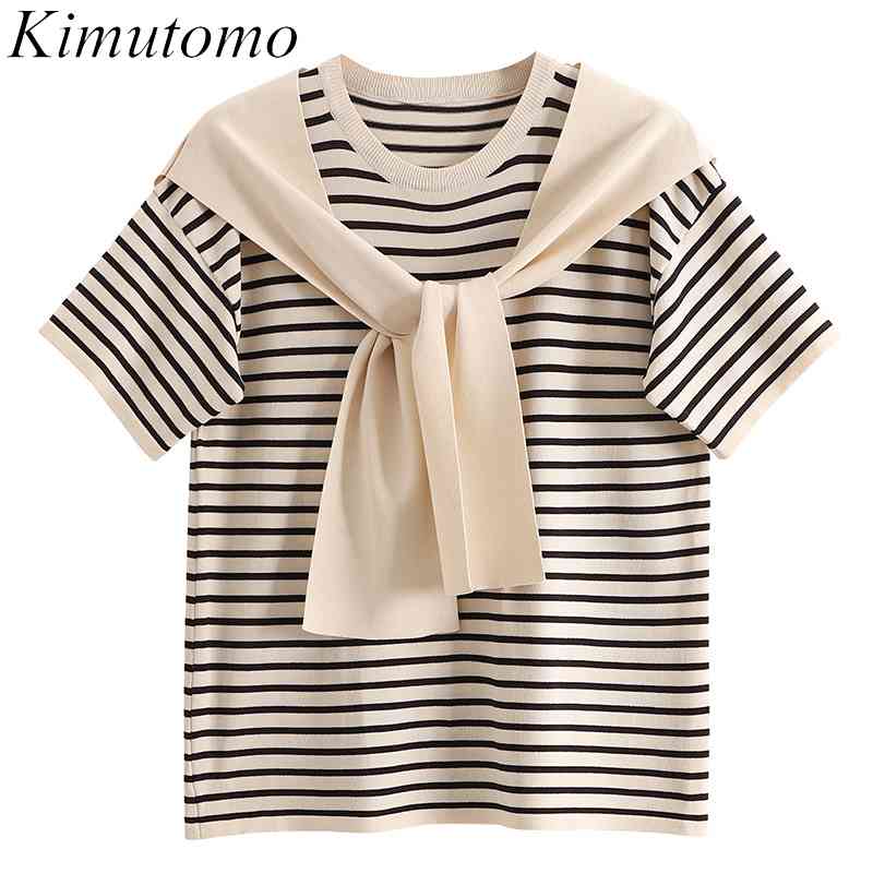 

Kimutomo Striped Fake Two Piece Shawl T-shirt Women Summer Short Sleeve O-neck Loose Bandage Top Knitwear Korean Chic 210521, Navy blue