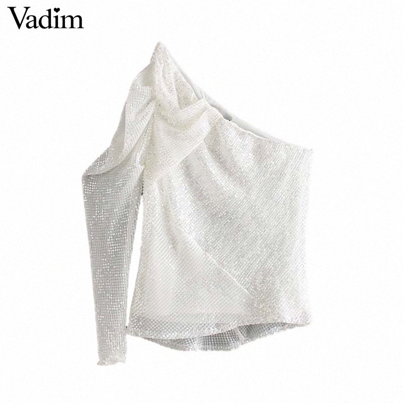 

Vadim women chic sequined white blouse single long sleeve pleated stylish shirt female casual elegant top blusas LB390 l6sk#