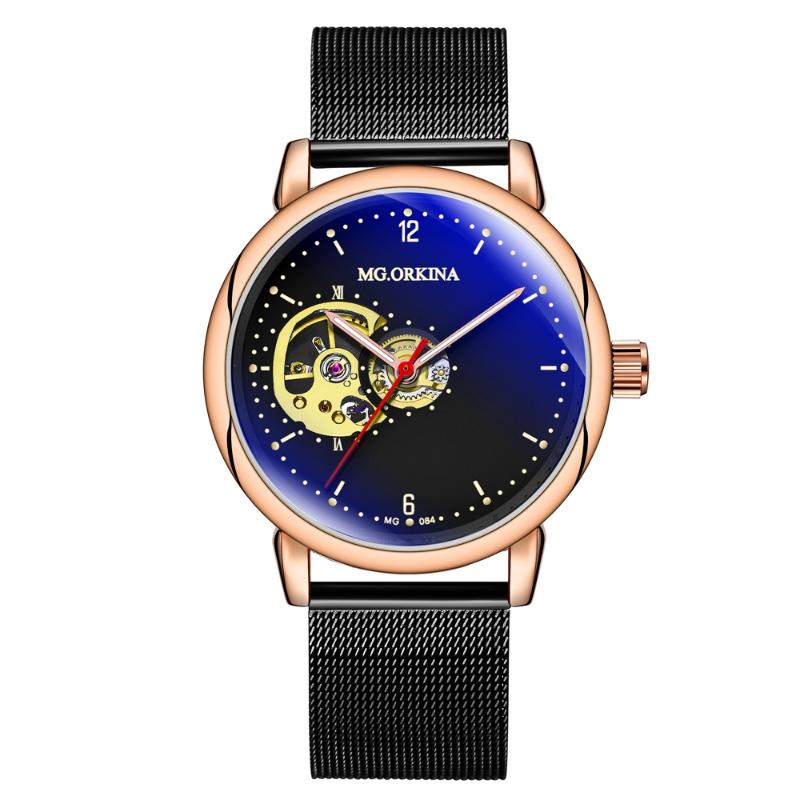 

Wristwatches Fashion MG.Orkina Men's Wrisitwatches Auto Self-wind Skeleton Mechanical Watch Gift Box Mesh Band, White