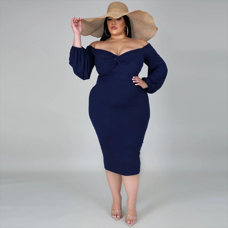 

Plus Size Dresses Elegant Dress 2021 Fashion Navy Front Knot Bodycon Party Autumn Winter Long Sleeve Midi Club Outfits 5XL, Black