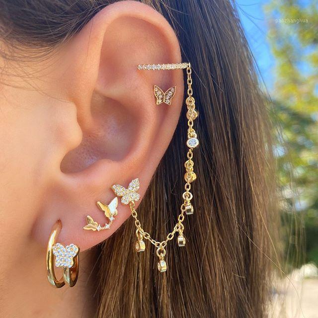 

Stud 4 Pcs/Set Butterfly Chain Earrings For Women Fashion Jewelry 2022 Korean Cute Rhinestone Long Hanging Wholesale, Golden;silver