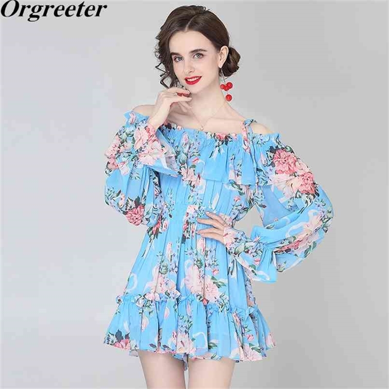 

Summer Off shoulder Slash neck Floral Printted Mini Playsuits Sexy Beach Vacation Party Chiffon Ruffles Jumpsuits Rompers Female 210602, Blue