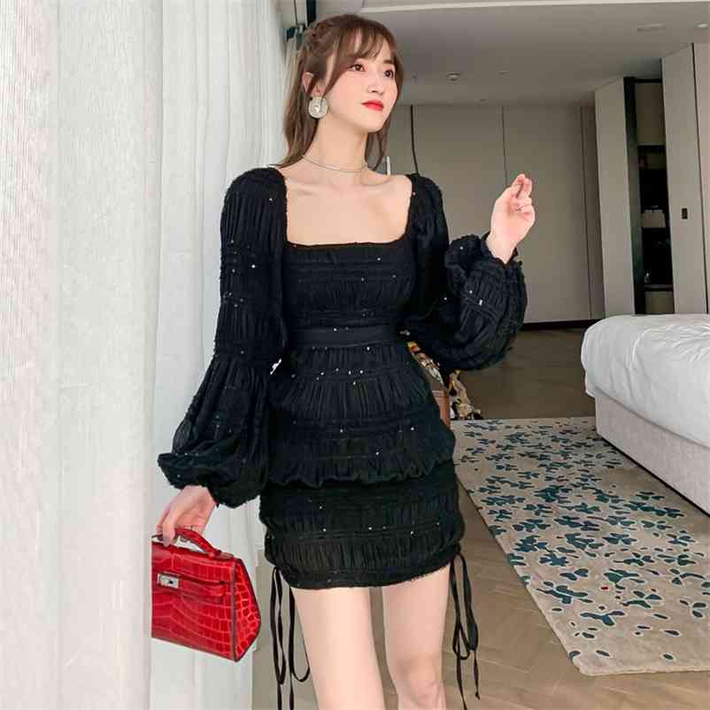 

Sexy square neck sequin dress with black long sleeves slim fit buttocks 210603