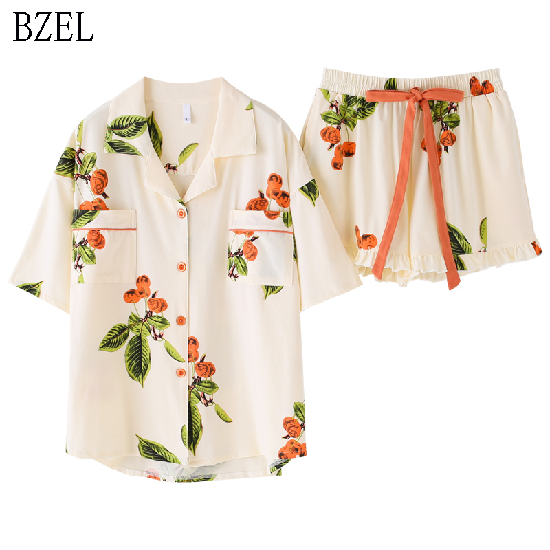 

2021bzel floral sleepwear womens pajama sets new cotton pijama with pockets pyjama femme quality ladies home suit clothes for home, Black;red