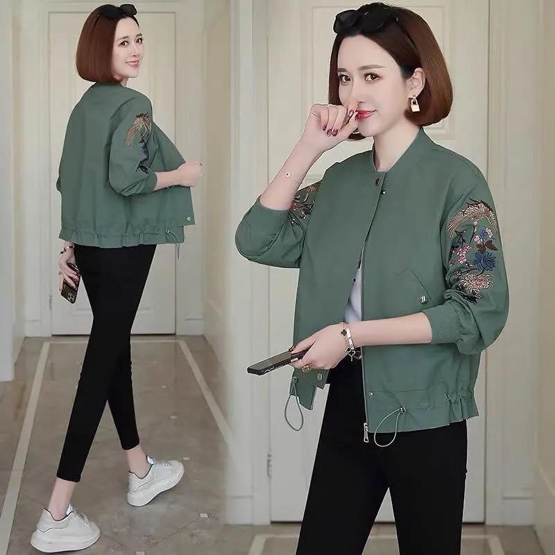 

Women's Jackets 2021 Jacket Spring Autumn Pocket Zipper Coat Loose Plus Size Casual Windbreaker Famale Long Sleeve Outwear, Green