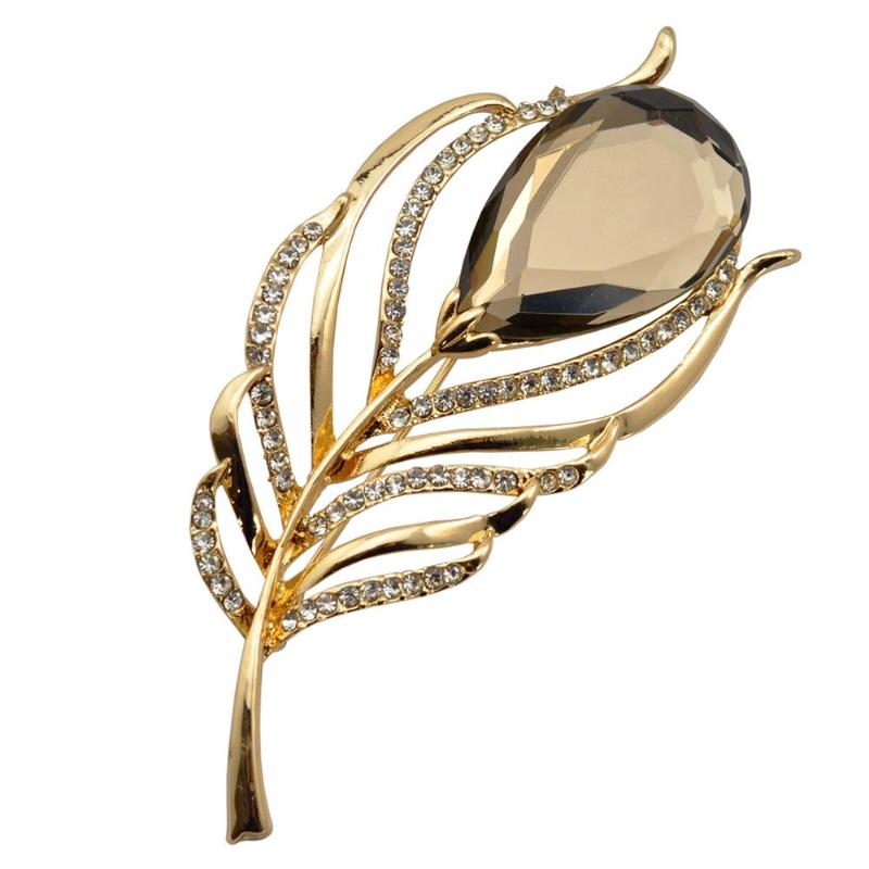 

Pins, Brooches Shiny Rhinestone Metal Leaf Brooch Pin Teardrop Crystal Feather Fashion Jewelry Accessory 2021 Gift, Gray