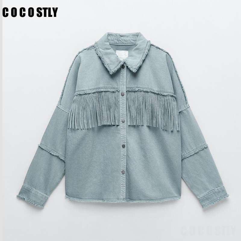 

2021 Spring Autumn Frayed With Fringe Denim Jaet Women Vintage Long Sleeve Jeans Coat Female Tassel Outerwear Chic Tops, White
