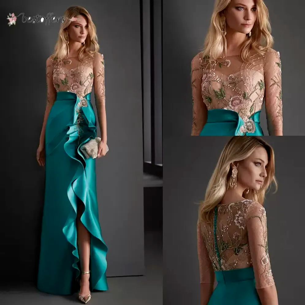 2022 élégantes robes de soirée de bal de sirène formelles portent des perles O cou demi manches côté fendu femmes robes de bal formelles robe de