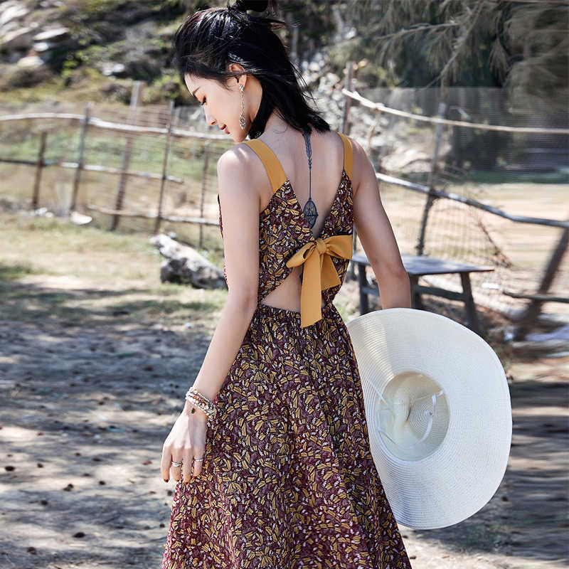 

Summer Women Beach Dress Bowknot Hollow Out V Neck Sleeveless Midi es Retro Yellow Floral Print Sexy Slim es 210608, Suit
