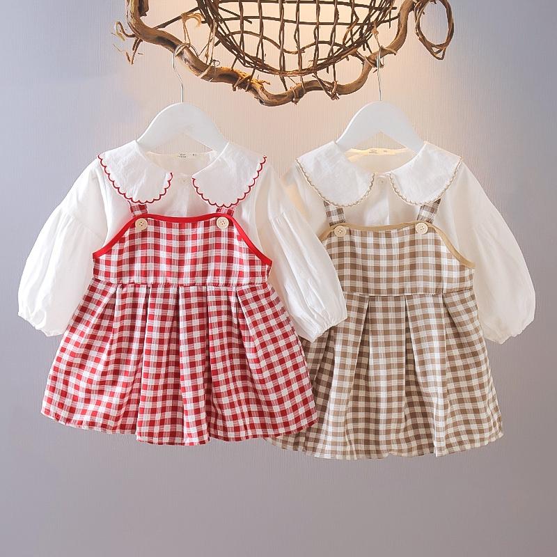 

Girl's Dresses 2pcs Dress Toddle Baby Girl Princess Wedding Party Turn-down Collar Spring Autumn Long Sleeve Blouse +overalls Plaid, 82y