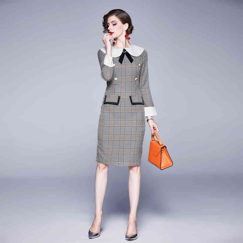 

Womens Autumn Designer Elegant Vintage Button Bow Patchwork Plaid Work Business Office Party Bodycon Pencil Dress Big Size 3XL 210525, Gray