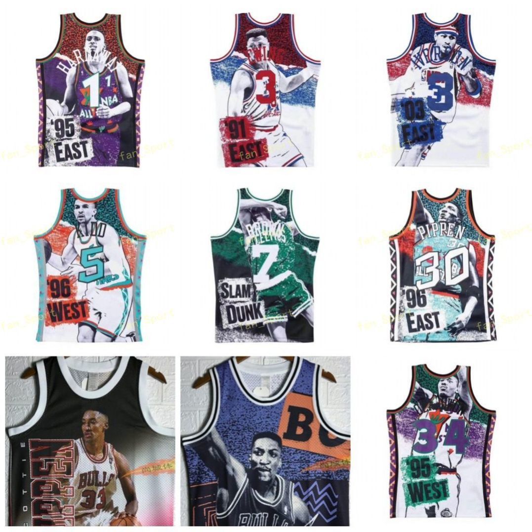 

Print All Basketball Jersey 1 Hardaway 1995 3 Ewing 1991 3 Iverson 2003 5 Kidd 1996 7 Brown 30 Pippen 34 O'lajuwon 34 O'neal, Black;red
