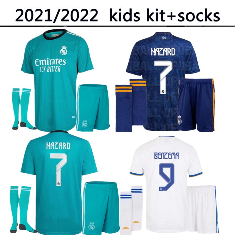 

2021 2022 Real Madrid home away third kids kit socks soccer Jerseys camiseta SERGIO RAMOS BENZEMA ASENSIO VALVERDE maillot HAZARD VINI JR KROOS football shirt