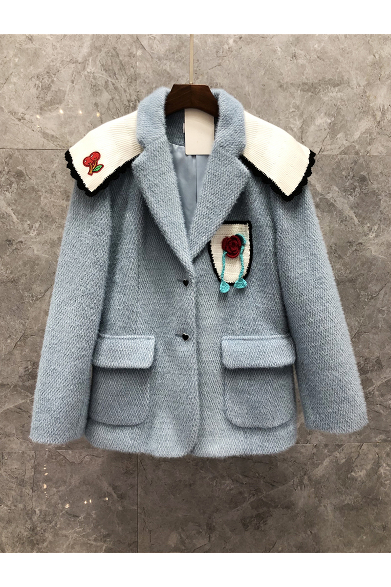 

Embroidered Woolen Short Coat Womens Clothing European Goods Autumn New Temperamental Minority Lady Mid-Length 10J, Light blue non-return