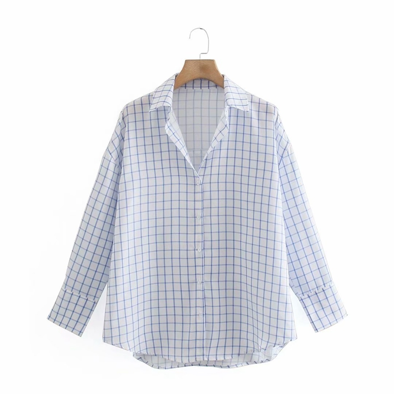 

Casual Plaid Blouse Women Long Sleeve Single Breasted Shirts Turn Down Collar Loose Plus Size Spring Tops 210525, Blue