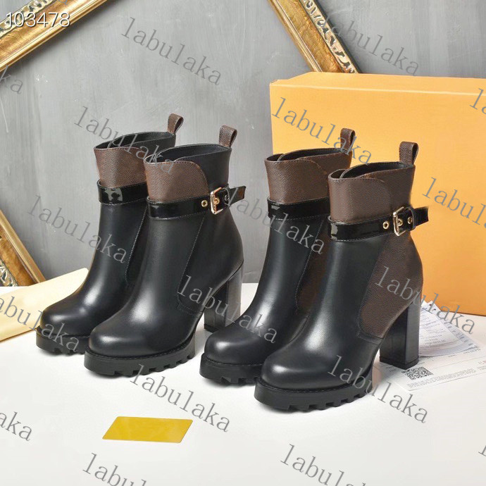 

Women Heel Snow Boots Leather ankle boot chunky heel Martin shoes Print Leather Platform Desert Lace-up Boot 9.5cm 2 colors with box