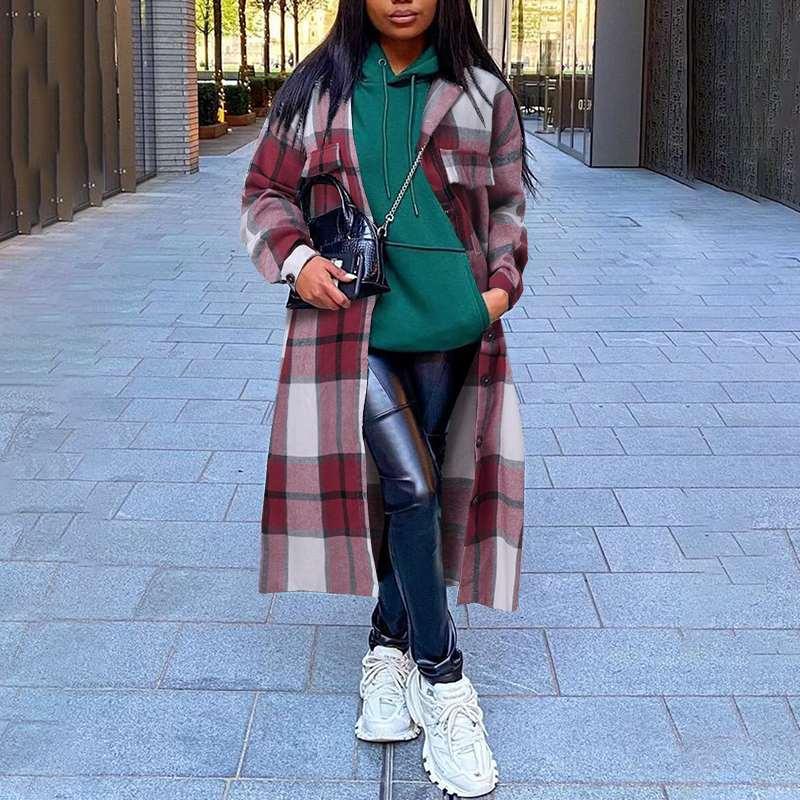 

Women's Jackets Autumn Women Casual Lapel Collar Button Up Shirts Veste Vintage Long Sleeve Checked Plaid Loose Overcoats, Black;brown