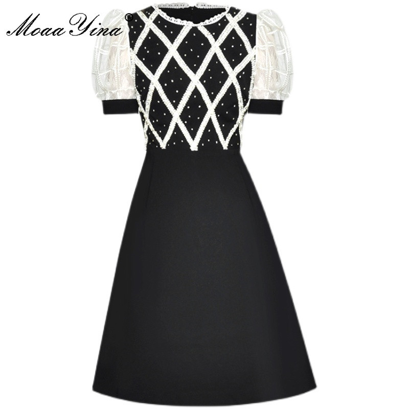 

Summer Fashion Runway Black Mini Dress Women' Splicing Puff sleeve Beading High waist Short Party Vestidos 210524
