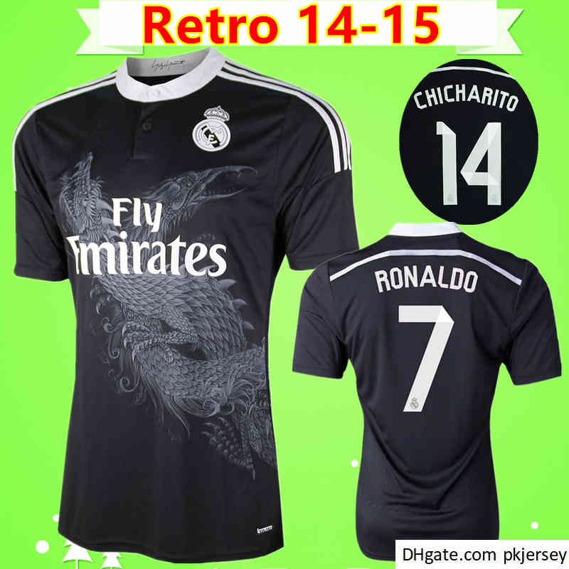 

Ronaldo Chicharito Benzema Bale Isco james 2014 2015 Real Madrid retro soccer jersey 14 15 vintage third black football shirt uniform Chinese dragon, Black;yellow