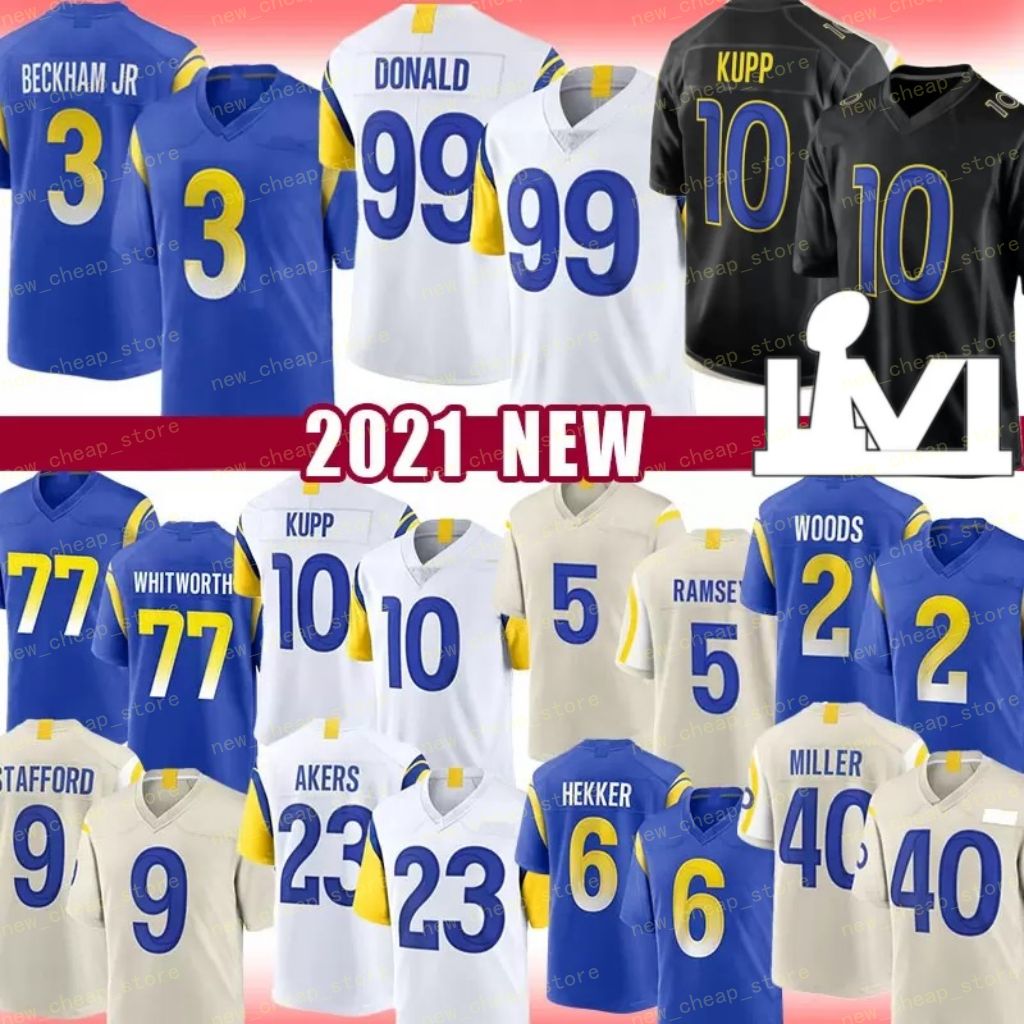 

9 Matthew Stafford 99 Aaron Donald 10 Cooper Kupp Football Jerseys 5 jalen Ramsey Robert Woods Tyler Higbee Ernest Jones Cam Akers Mens Wome, Black;red
