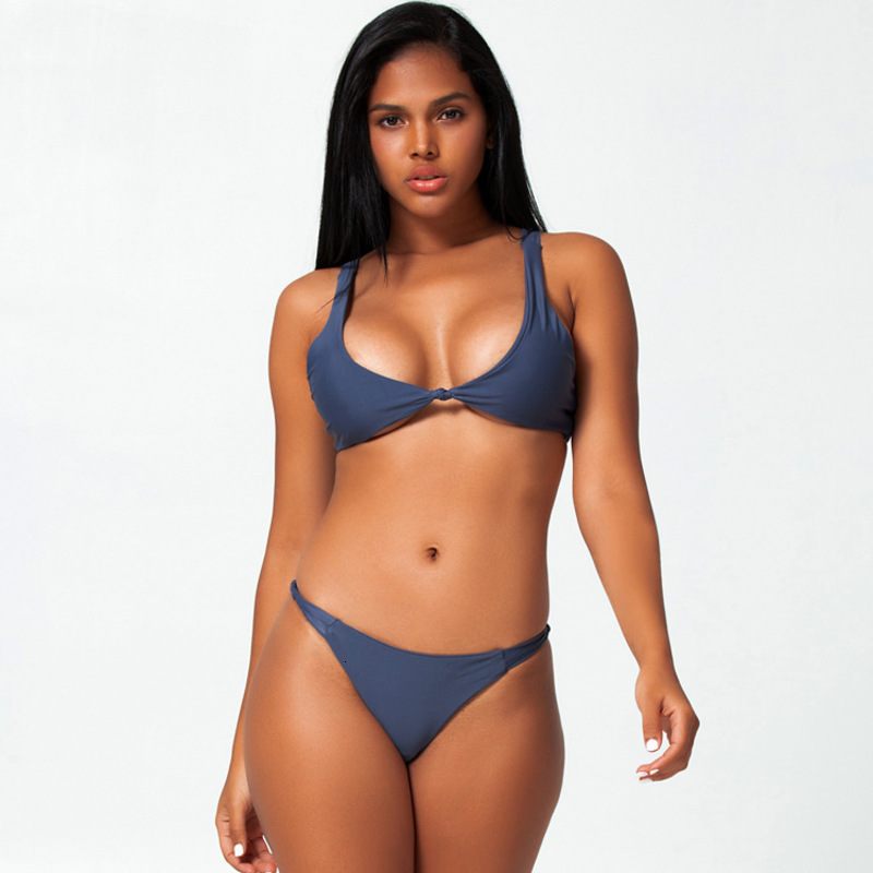 Split Women&#039;s Sexy Grey Bikini Backless Solid Spring Swimsuit-image-678429244