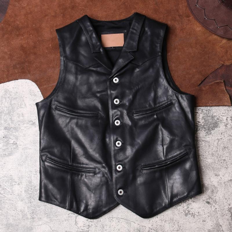 

Men's Vests Black 2021 Japan Casual Style Genuine Leather Vest Men Single Breasted Plus Size 4XL Real Natural Horsehide Slim Fit Short Coat