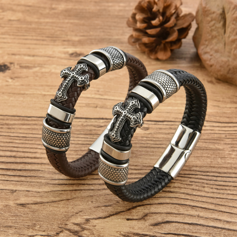 

Antique Silver Plated Retro Stainless Steel Cross Charm Handmade Leather Bracelet