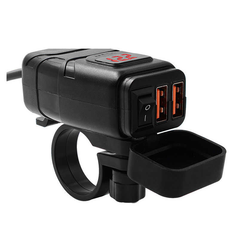 

USB Port 12V Dual Waterproof Motorcycle Handlebar Charger Quick Charging 3.0 with Voltmeter Smart Phone Tablet GPS, Black