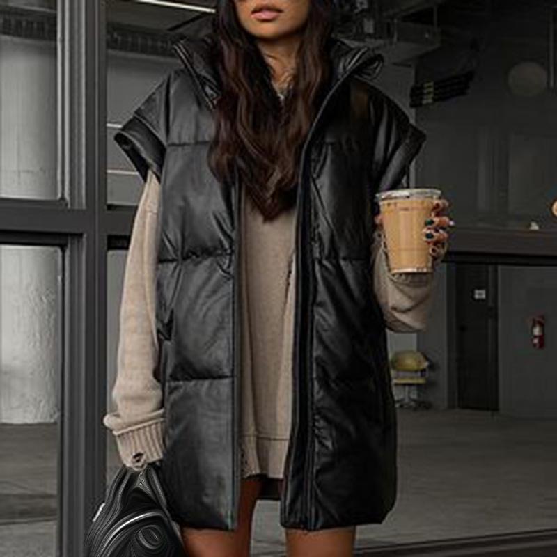 

Women's Vests Spring Stand Collar Black Women Fashion PU Coats Elegant Straight Simple Female Ladies, Black;white