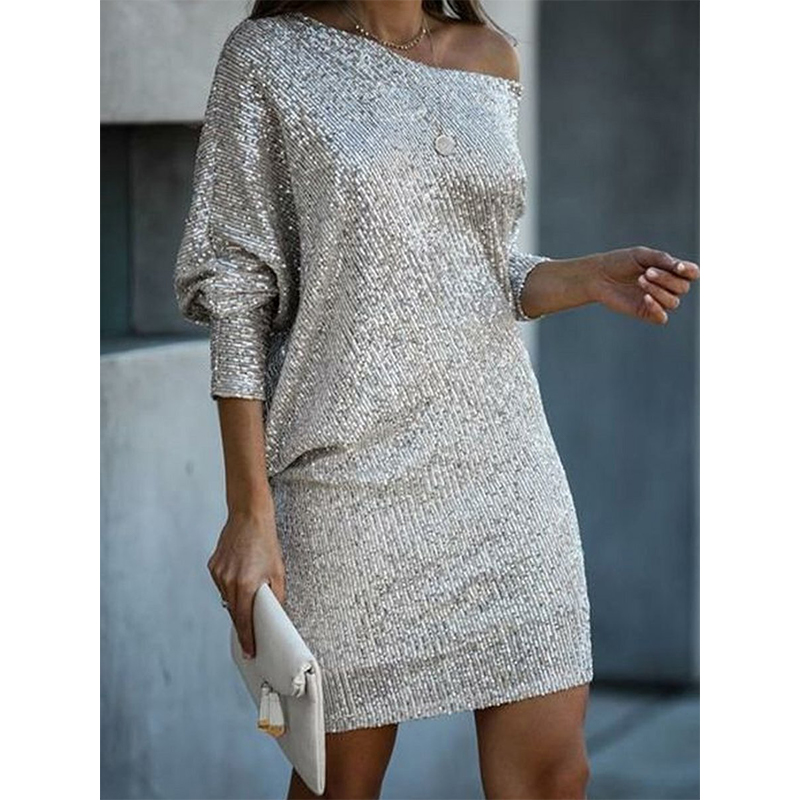 

Women's A Line Dress Short Mini Dress Black Gold White Long Sleeve Sequins Fall One Shoulder Casual 2021, Black;gray