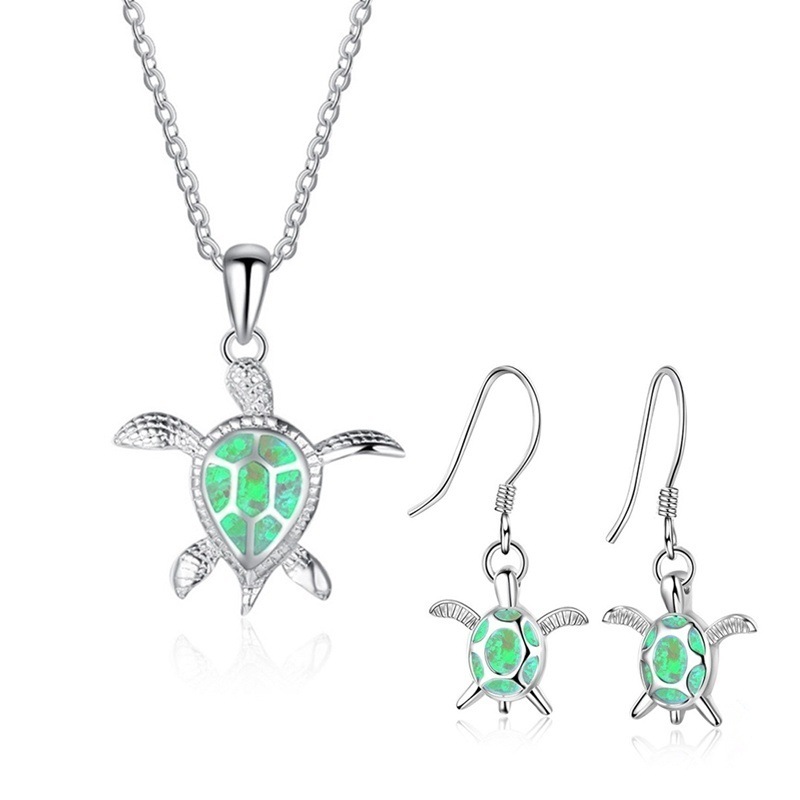

New Cute Sea Turtle Necklace Earrings jewelry set Trendy Animal Fire Opal Stud Earring for girl women gift