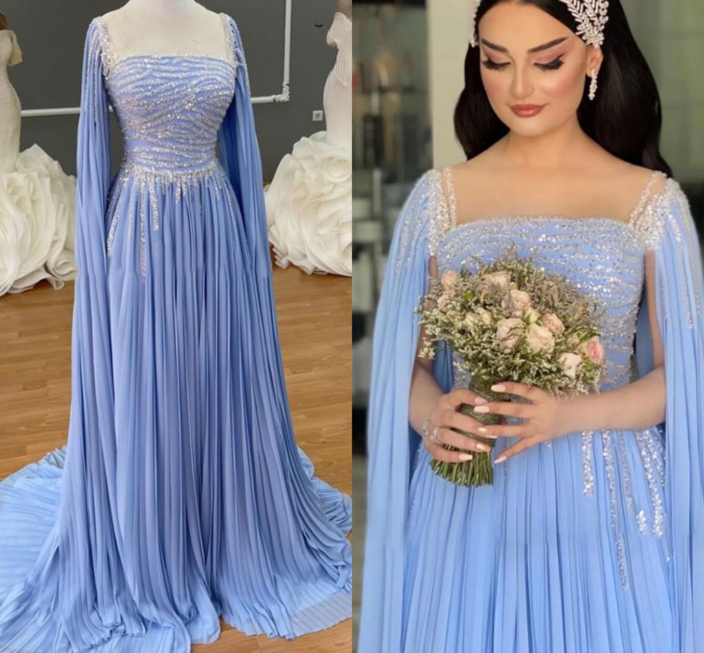 

Luxury Muslim Blue Cape Sleeves Evening Dresses Beaded A-Line Chiffon Prom Formal Gown Pleat Arabic Dubai Vestidos De Fiesta robe de soiree 2022, Champagne