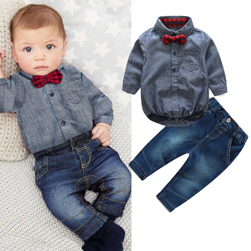 

Clothing Sets 2pcs Born Kids Baby Boys Romper Jumpsuit Tops+Jeans Pants Outfits Clothes Set, Dark grey