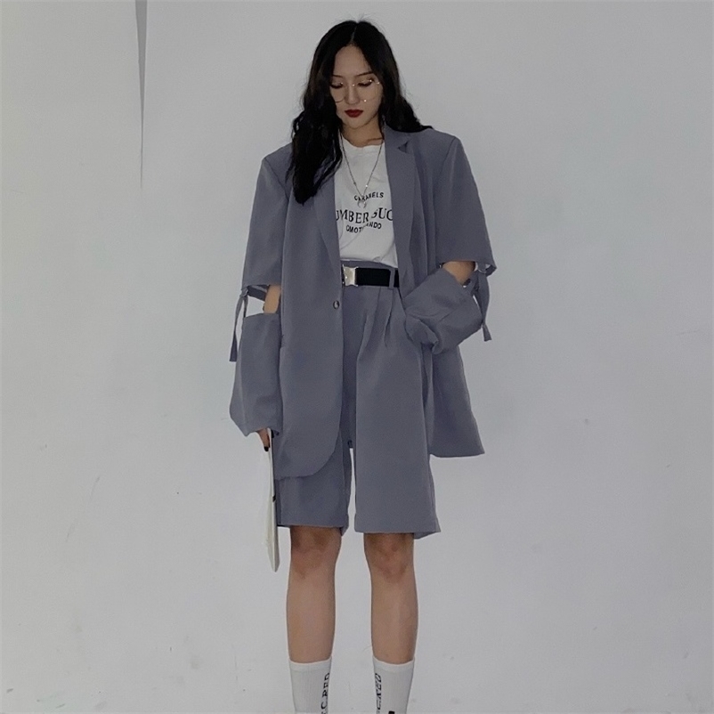 

Casual Blazers Sets Women Korean Fashion Thin Loose Cotton Female Suits Two Piece Coat+Pants Shorts StreetWear 210519, Set