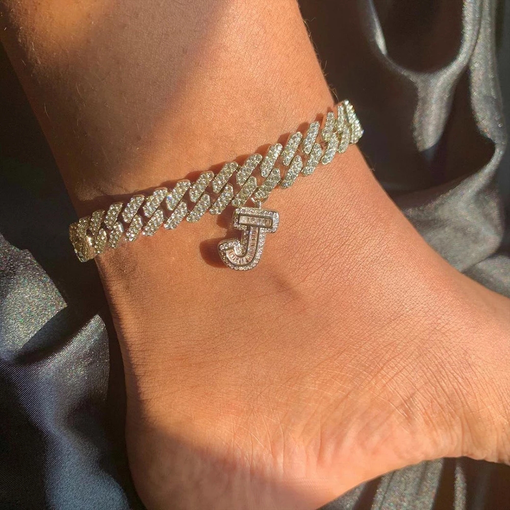 

A-Z Initial Iced Out Cuban Link Anklet Bracelet for Men Women Foot Chain Stainless Steel Crystal Hiphop Jewelry
