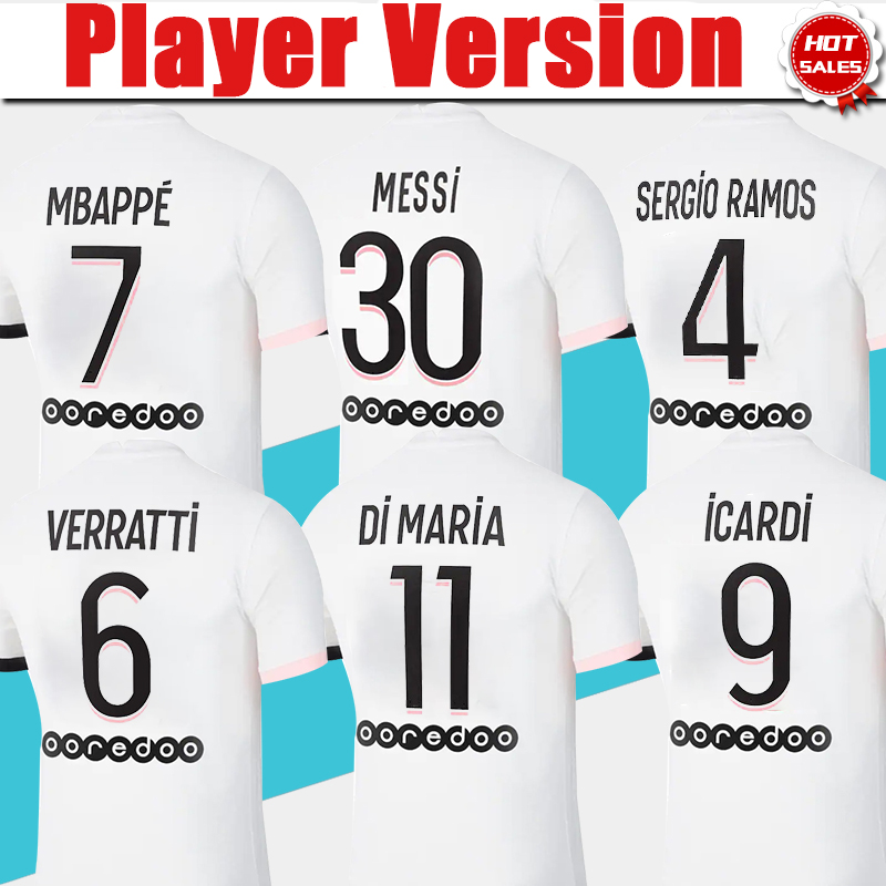 

#30 MESSI Player Version #4 SRERGIO RAMOS #7 MBAPPE Soccer Jersey 2021 2022 #7 MBAPPE Soccer Shirt Away White #9 ICARDI #6 VERRATTI Men Football Uniforms Customized, Away no patch