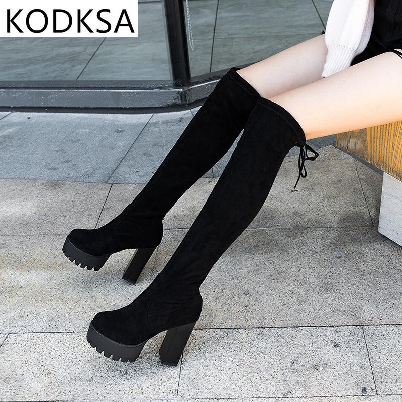 

Boots 2021 Winter Sexy Knee Tight Stovepipe Knight Suede Round Toe Combat For Women Trend Velvet Warm Women's, Black