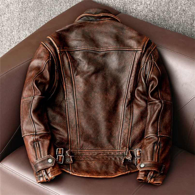 

style genuine Leather jacket Vintage Brown Cowhide Coat Men Slim Fashion Biker jacket Asian Size -6XL 211111, Beige