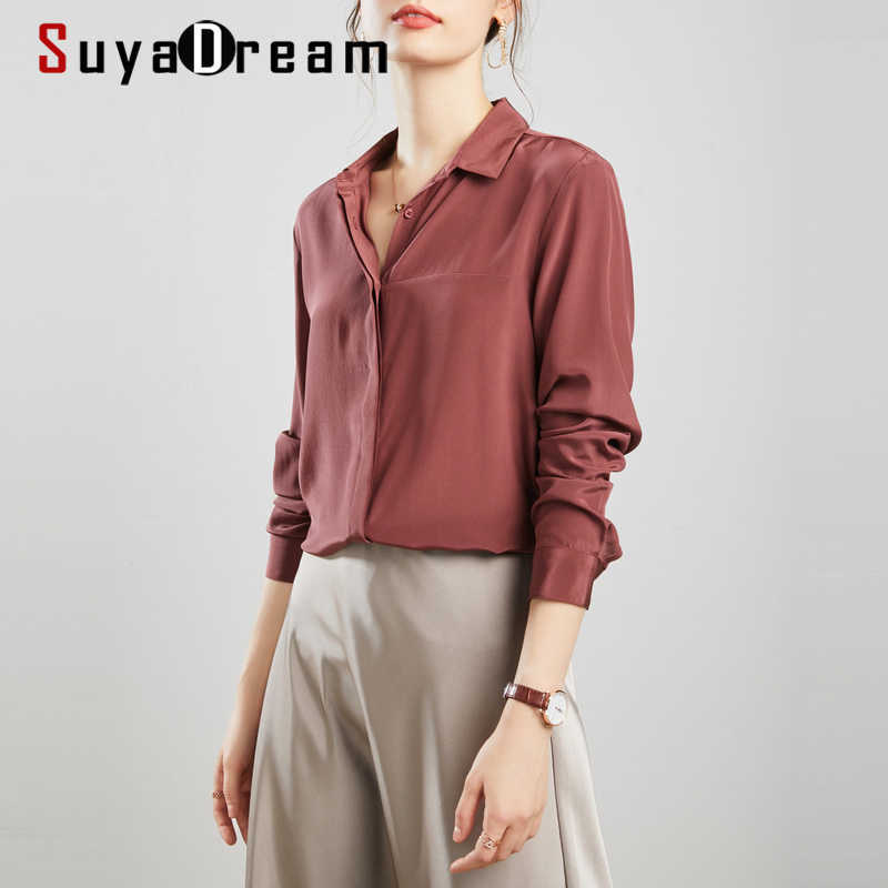 

SuyaDream Silk Blouses Woman 100% REAL SILK CREPE Solid Long Sleeve Basic Office Chic Blouse Shirt Elegant Shirt Blusas 210603, Black