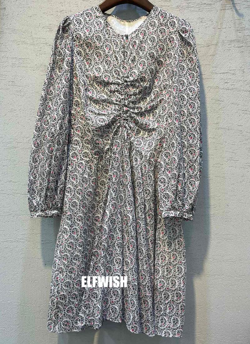 

Casual Dresses Women Vintage Printed Cotton Short Dress Round Neck Cinched Front Long Sleeves, Black