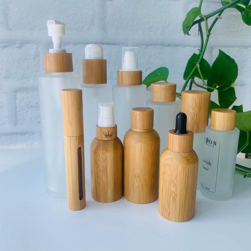 

Storage Bottles & Jars 50ml Frosted Glass Bottle Lotion Pump Spray Empty Cosmetic Containers Set Eco-friendly Wooden Lid Bamboo Cap