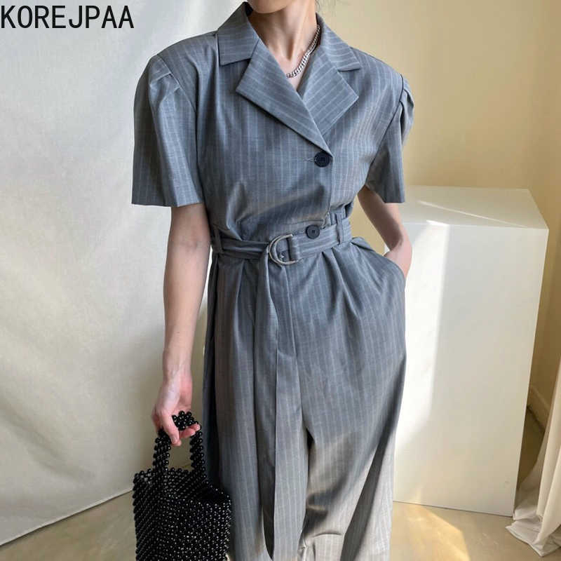 

Korejpaa Women Jumpsuits Summer French Retro Suit Collar Two Buckles High Waist Ring Buckle Tie Wide Loose Striped Jumpsuit 210526, Black
