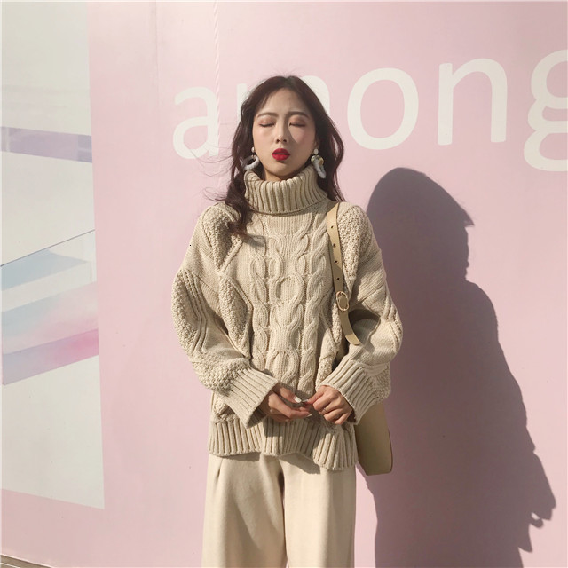 

women's sweaters loose hooded high collar twist thick sweater long sleeve lazy wind coat female autumn and winter qt24, White;black