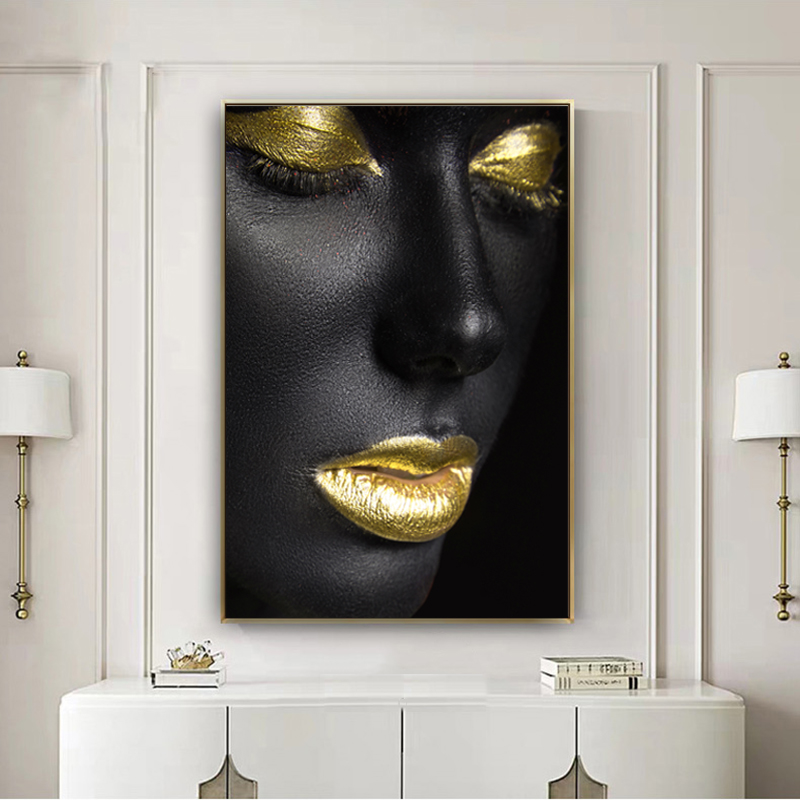 Black SKin Golden Lips Canvas Painting Wall Pictures For Living Room Wall Posters and Prints African Art Decor Art-image-722016149