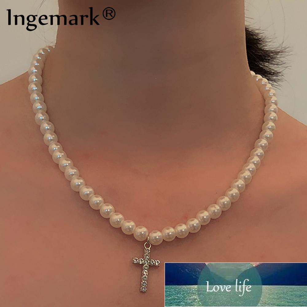 

High Quality Baroque Pearl Chain Crystal Cross Pendant Choker Necklace Jesus Vintage Rhinestone Bead Link Necklace Charm Jewelry