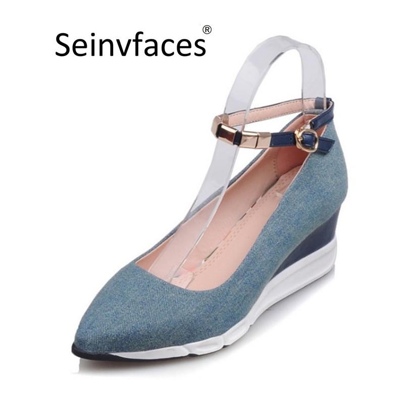

Dress Shoes Women's Spring Autumn Casual Retro Deep & Light Blue Denim Buckle Ankle Strap Shallow Pointed Toe Wedges High Heels Pumps F35, Black
