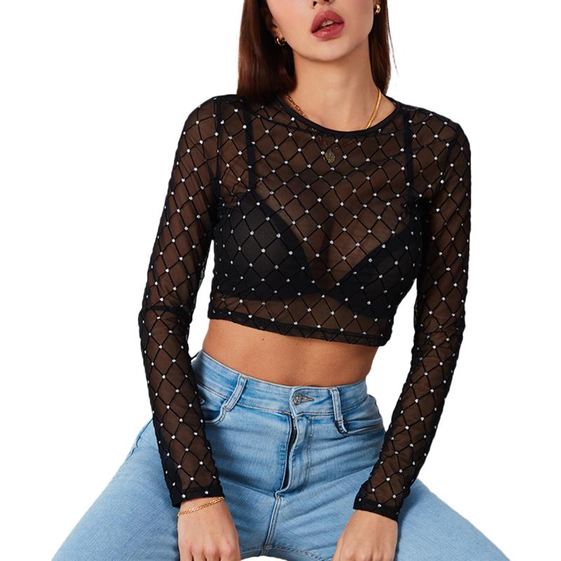 

Women' T-Shirt 2021 Women Sexy Sheer Mesh Crop Tops Shiny Rhinestone Long Sleeve Round Neck Solid Color Fishnet T-Shirts Female Casual Clot, As pic